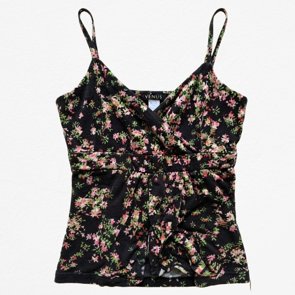 Venus Womens Small Floral Crossover‎ Empire Waist Camisole Tank Top Black Pink